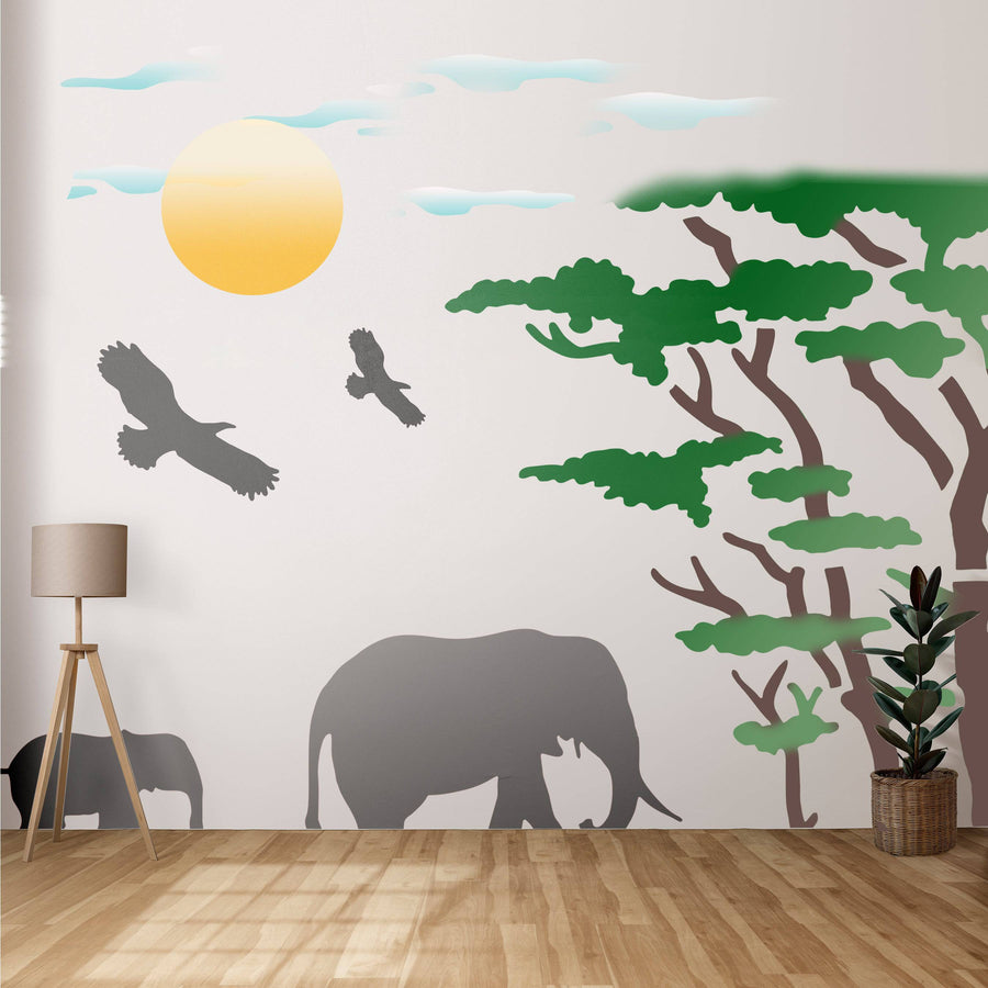 Elephant and Tree Reusable Stencil For Canvas And Wall Painting. ID #349 - imartdecor.com