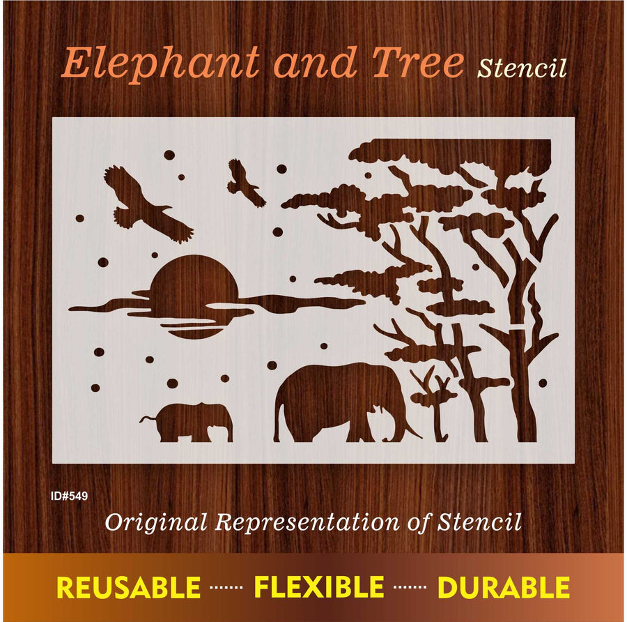 Elephant and Tree Reusable Stencil For Canvas And Wall Painting. ID #349 - imartdecor.com