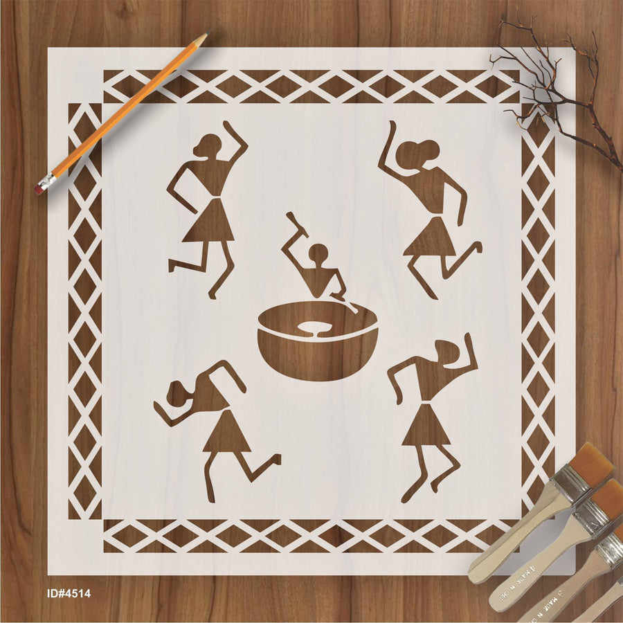 Dancing Warli Stencil for Painting on Canvas, Wall, Wood. ID #4514 - imartdecor.com