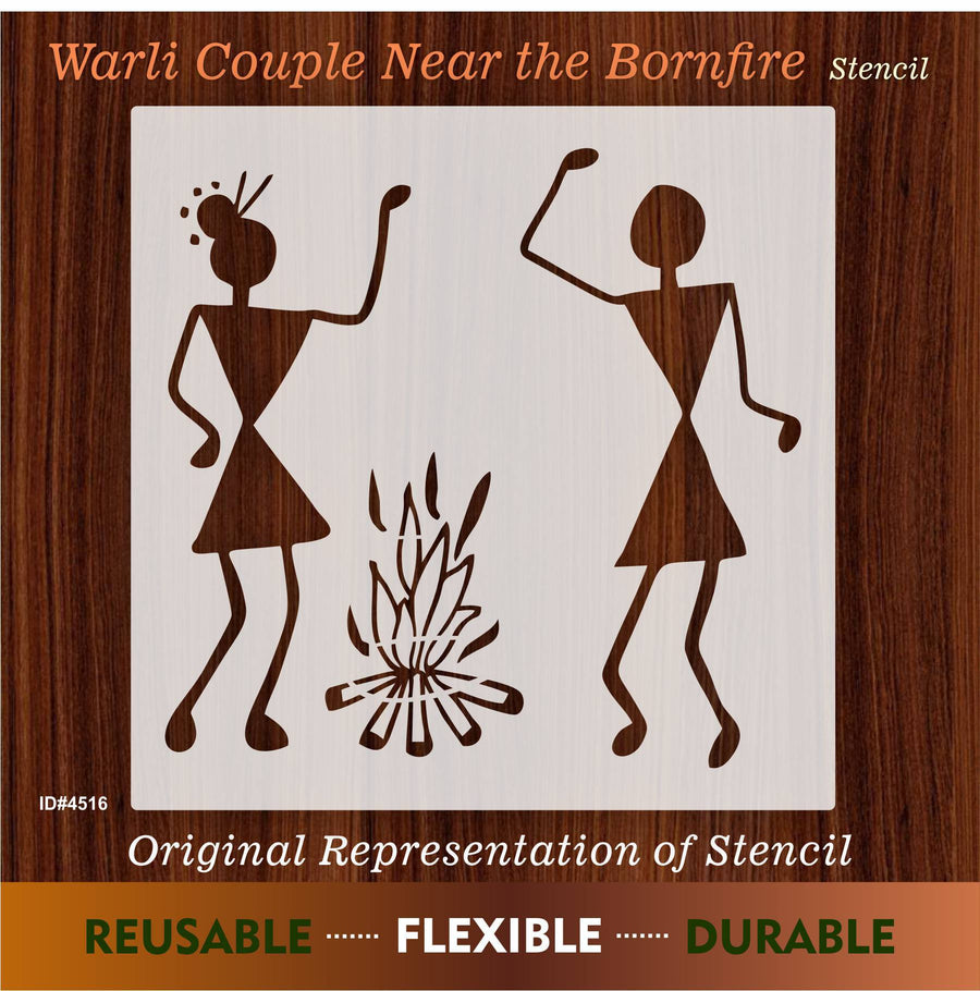 Warli Couple Near the Bornfire Stencil Wall Painting Scrapbooking Stamping Embossing Album Paper Card Template ID#4156 - imartdecor.com