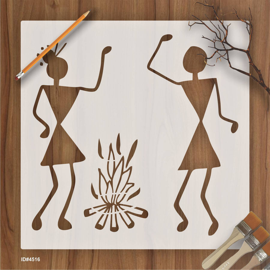 Warli Couple Near the Bornfire Stencil Wall Painting Scrapbooking Stamping Embossing Album Paper Card Template ID#4156 - imartdecor.com