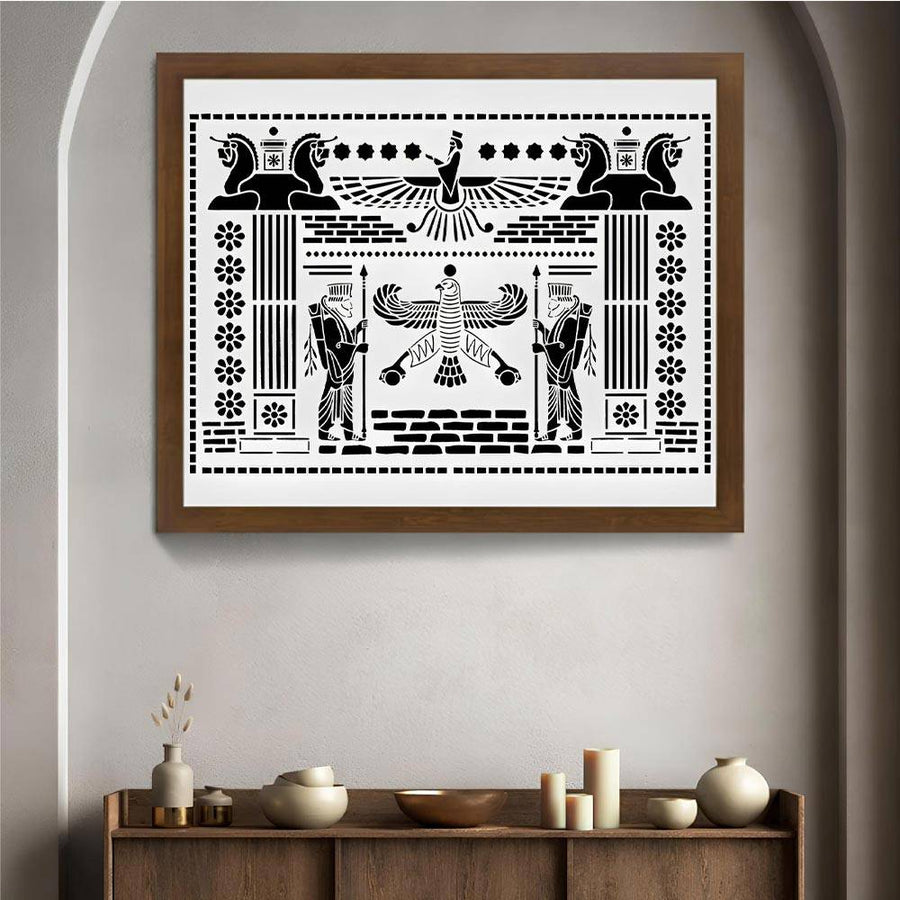 Ancient Persian Frieze Stencil for Wall, Furniture & Floor Décor – Royal Achaemenid Eagle & Guard Pattern – ID# 729 - imartdecor.com