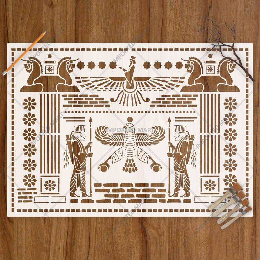 Ancient Persian Frieze Stencil for Wall, Furniture & Floor Décor – Royal Achaemenid Eagle & Guard Pattern – ID# 729 - imartdecor.com