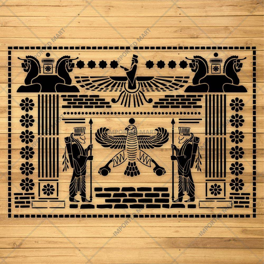 Ancient Persian Frieze Stencil for Wall, Furniture & Floor Décor – Royal Achaemenid Eagle & Guard Pattern – ID# 729 - imartdecor.com