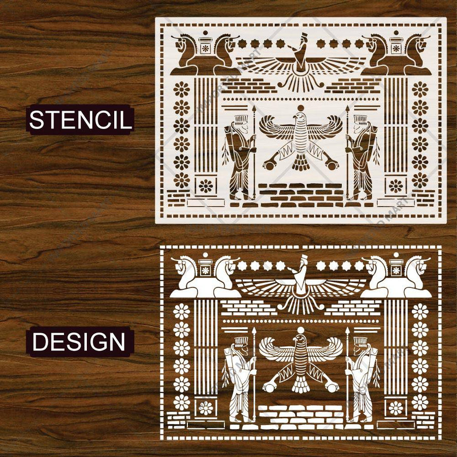 Ancient Persian Frieze Stencil for Wall, Furniture & Floor Décor – Royal Achaemenid Eagle & Guard Pattern – ID# 729 - imartdecor.com
