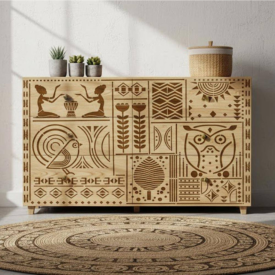 Tribal Totem Pattern Stencil for Wall, Furniture & Fabric Art – Ethnic Geometric & Nature Motifs – ID# 730 - imartdecor.com