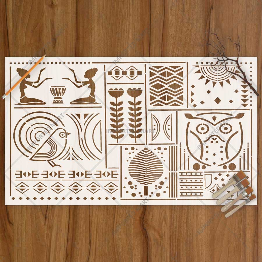 Tribal Totem Pattern Stencil for Wall, Furniture & Fabric Art – Ethnic Geometric & Nature Motifs – ID# 730 - imartdecor.com