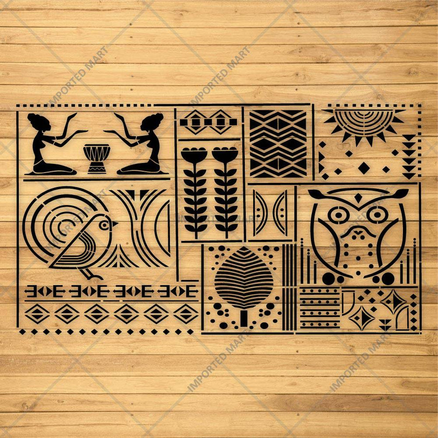 Tribal Totem Pattern Stencil for Wall, Furniture & Fabric Art – Ethnic Geometric & Nature Motifs – ID# 730 - imartdecor.com
