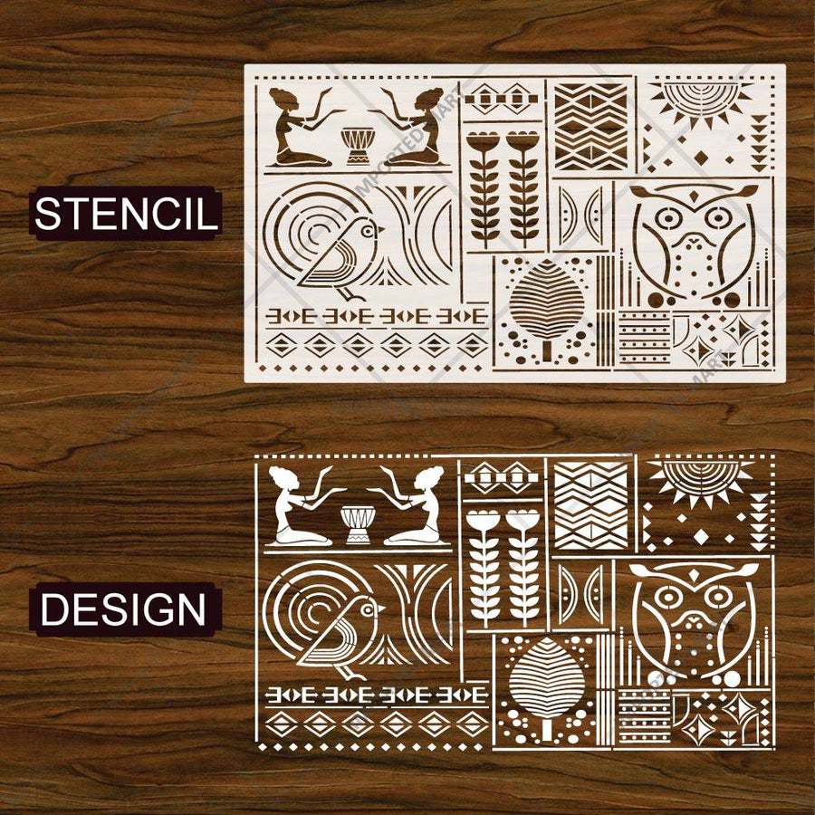Tribal Totem Pattern Stencil for Wall, Furniture & Fabric Art – Ethnic Geometric & Nature Motifs – ID# 730 - imartdecor.com