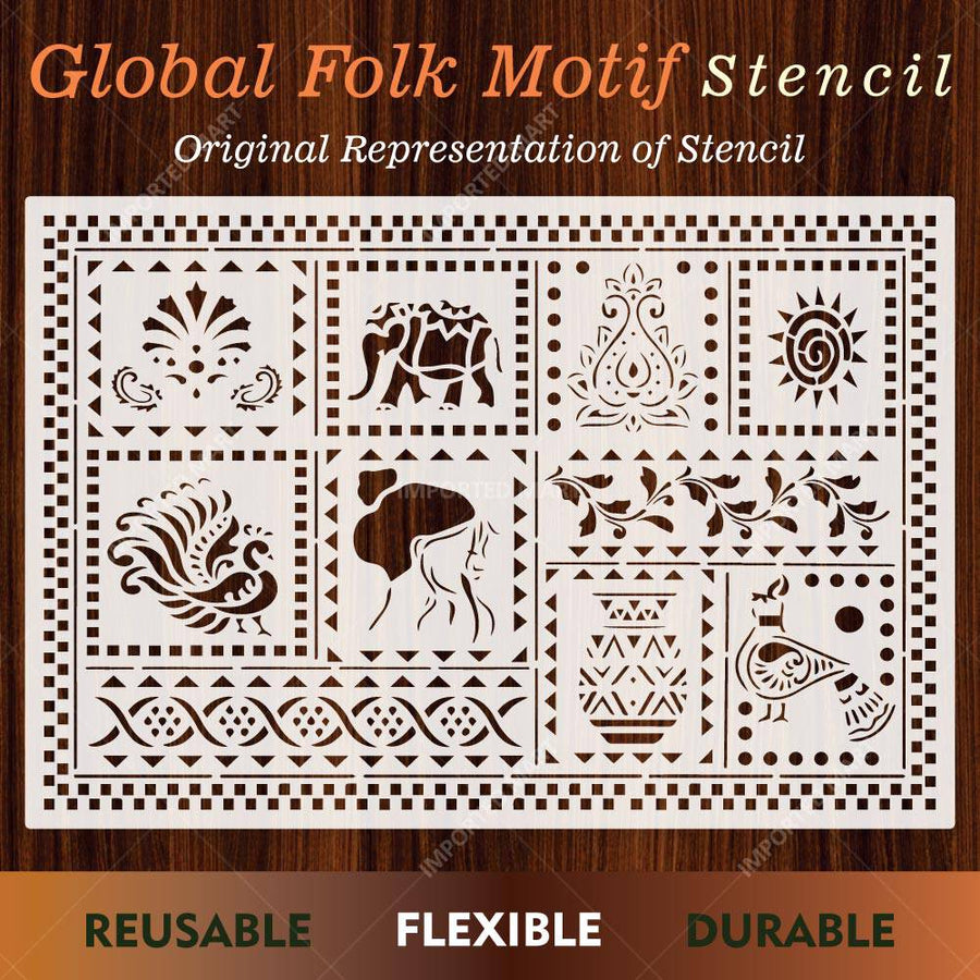Global Folk Motif Stencil for Wall, Furniture & Fabric Art – Ethnic Folk Animal & Cultural Pattern – ID# 731 - imartdecor.com