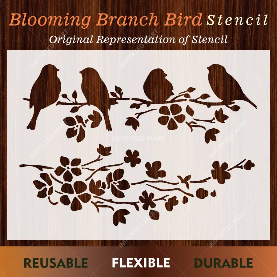 Blooming Branch Bird Stencil for Wall, Wood & Fabric Painting – Floral Nature Birds Art Design – ID# 816 - imartdecor.com
