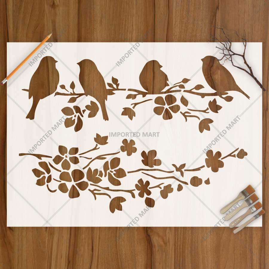 Blooming Branch Bird Stencil for Wall, Wood & Fabric Painting – Floral Nature Birds Art Design – ID# 816 - imartdecor.com