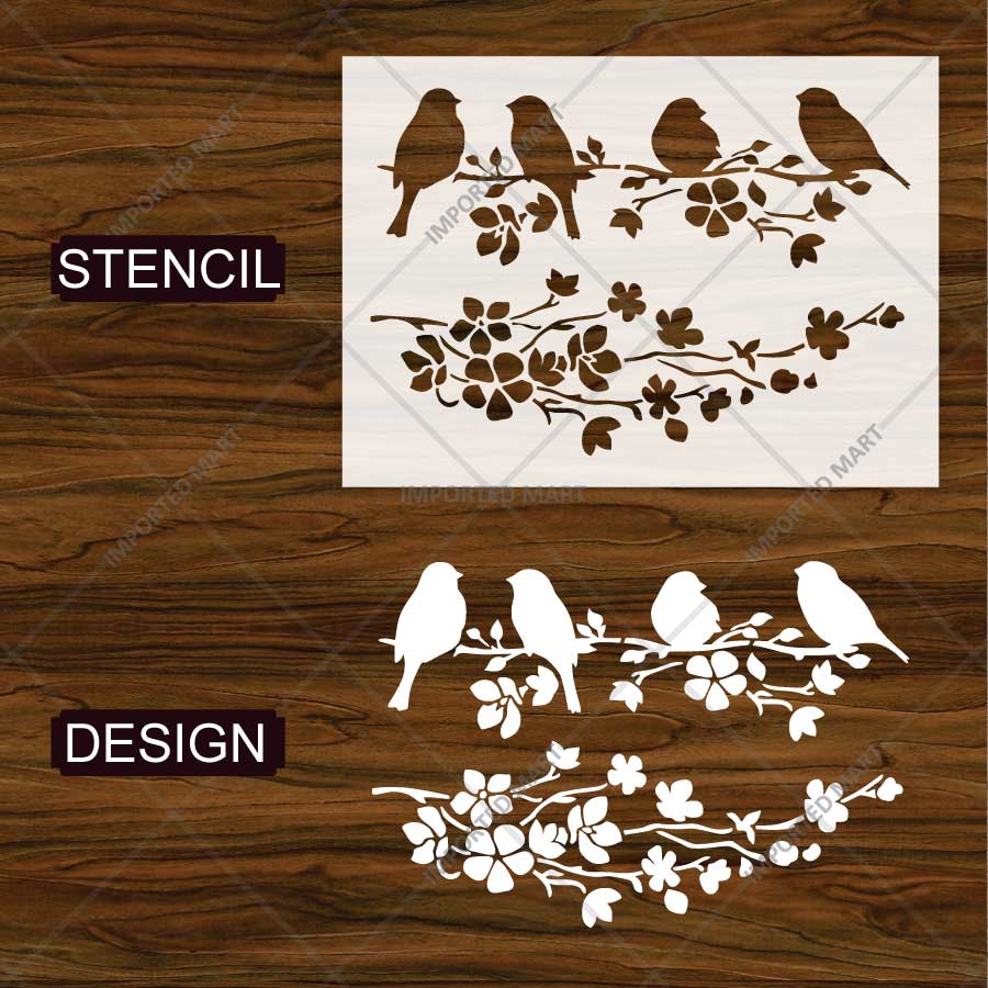 Blooming Branch Bird Stencil for Wall, Wood & Fabric Painting – Floral Nature Birds Art Design – ID# 816 - imartdecor.com