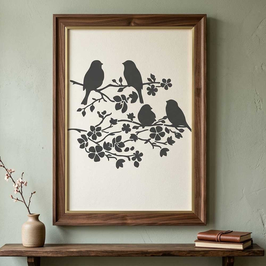 Blooming Branch Bird Stencil for Wall, Wood & Fabric Painting – Floral Nature Birds Art Design – ID# 816 - imartdecor.com