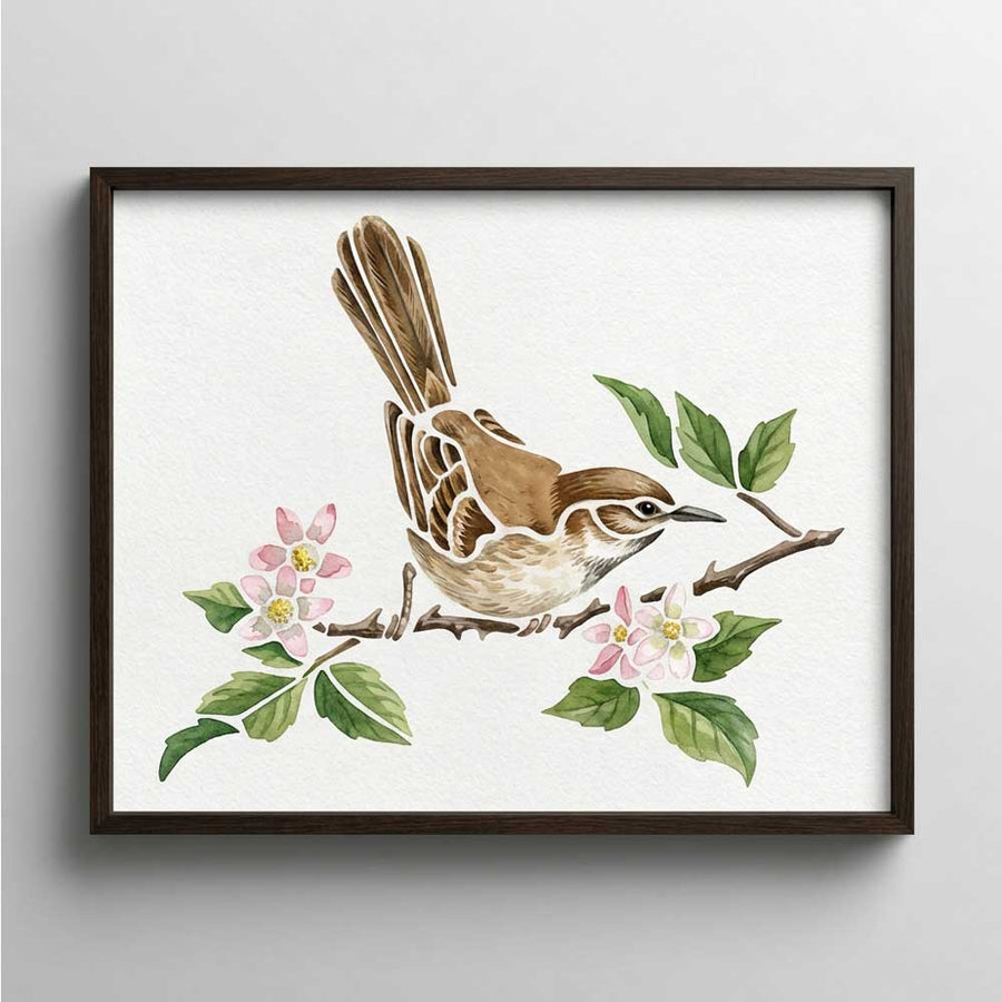 Sparrow Blossom Harmony Bird Stencil for Wall, Furniture & Craft Painting β Floral Nature Design β ID# 834 - imartdecor.com