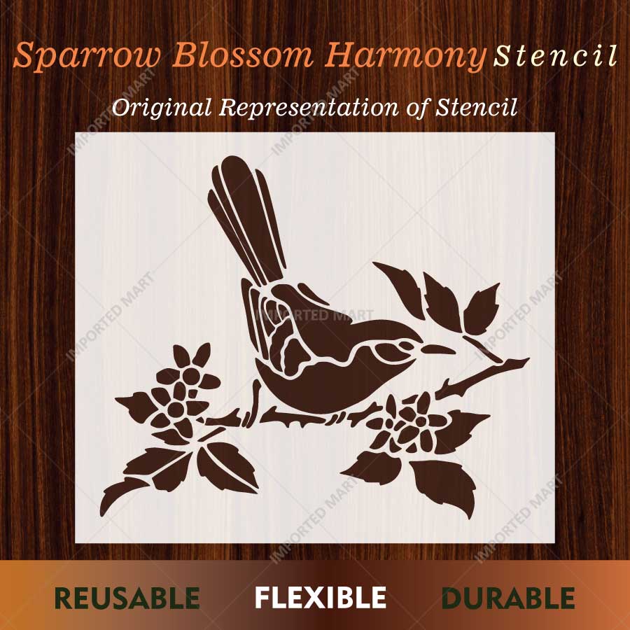 Sparrow Blossom Harmony Bird Stencil for Wall, Furniture & Craft Painting β Floral Nature Design β ID# 834 - imartdecor.com