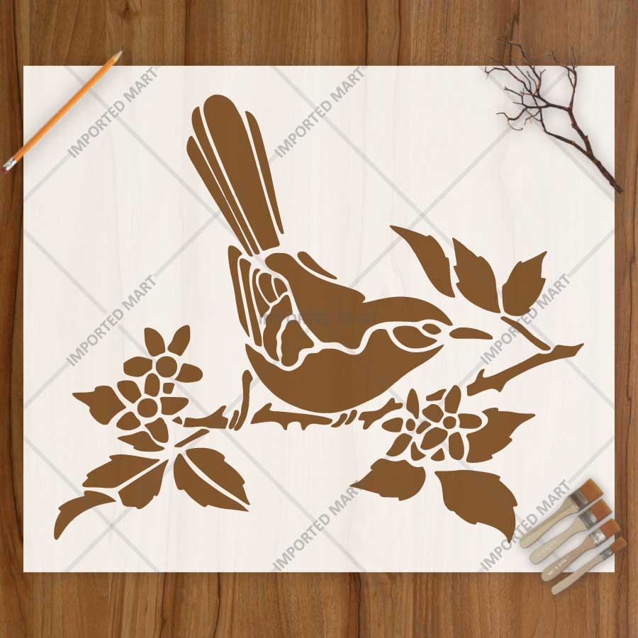 Sparrow Blossom Harmony Bird Stencil for Wall, Furniture & Craft Painting β Floral Nature Design β ID# 834 - imartdecor.com