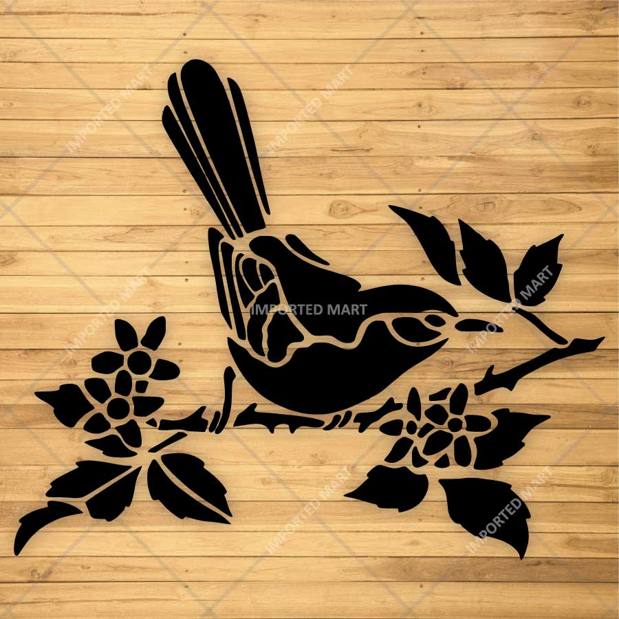 Sparrow Blossom Harmony Bird Stencil for Wall, Furniture & Craft Painting β Floral Nature Design β ID# 834 - imartdecor.com