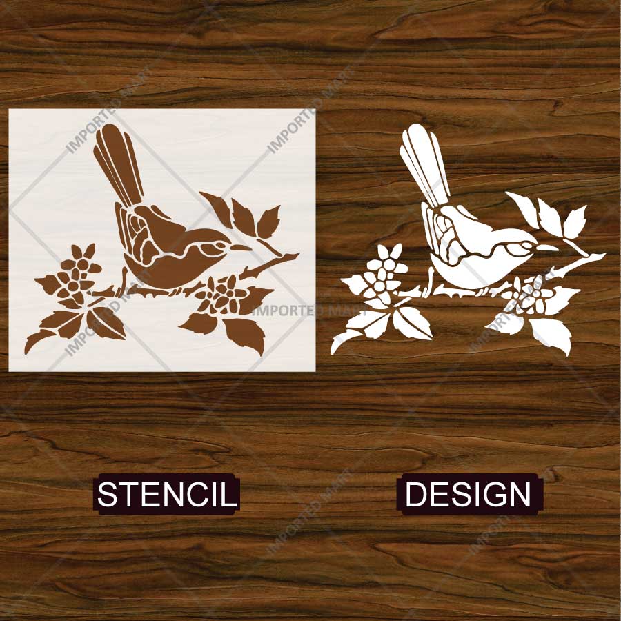 Sparrow Blossom Harmony Bird Stencil for Wall, Furniture & Craft Painting β Floral Nature Design β ID# 834 - imartdecor.com