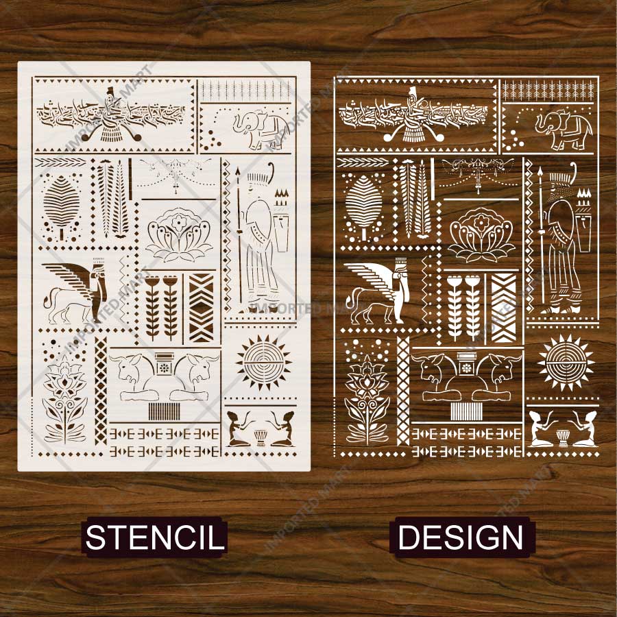 Ancient Egyptian Mosaic Pattern Stencil for Wall, Furniture & Craft Decor β Reusable Hieroglyphic Art Design β ID# 837 - imartdecor.com