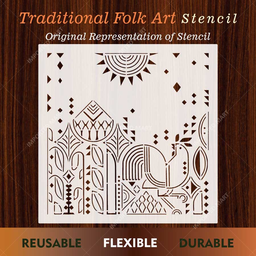 Traditional Folk Art Rooster Stencil for Wall, Furniture & Floor Painting – Rustic Village Pattern Design – ID# 845 - imartdecor.com