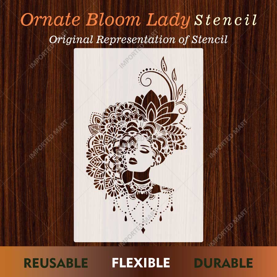 Ornate Bloom Lady Stencil for Wall, Wood, Furniture & Fabric Art – Elegant Floral Woman Portrait Design – ID# 864 - imartdecor.com