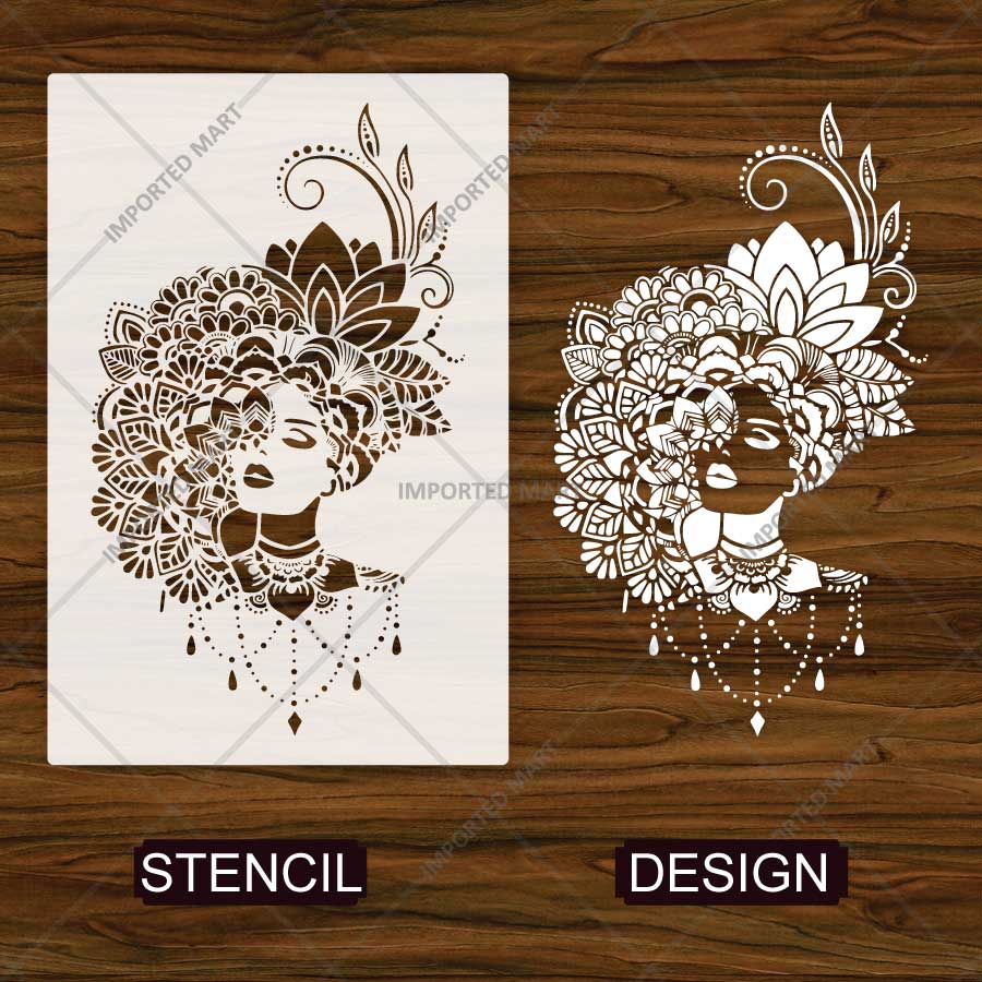 Ornate Bloom Lady Stencil for Wall, Wood, Furniture & Fabric Art – Elegant Floral Woman Portrait Design – ID# 864 - imartdecor.com