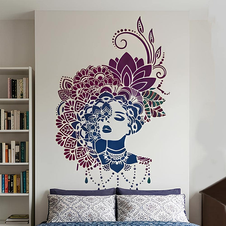 Ornate Bloom Lady Stencil for Wall, Wood, Furniture & Fabric Art – Elegant Floral Woman Portrait Design – ID# 864 - imartdecor.com