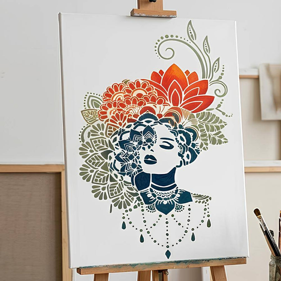 Ornate Bloom Lady Stencil for Wall, Wood, Furniture & Fabric Art – Elegant Floral Woman Portrait Design – ID# 864 - imartdecor.com