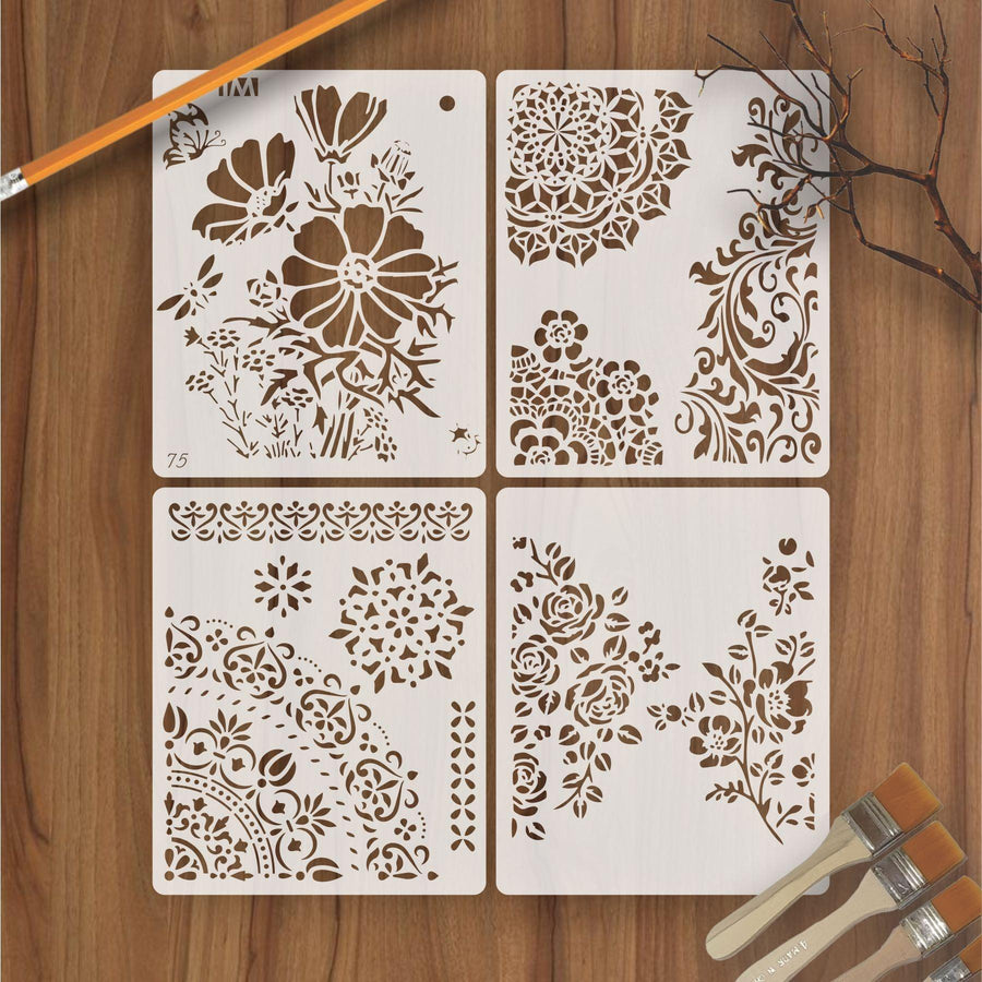 Pack of 4 Floral Reusable Stencil for Canvas and wall painting - imartdecor.com