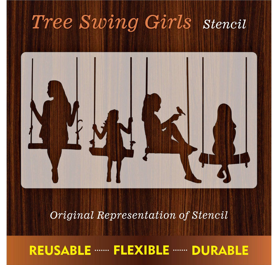 Tree Swing Girls Reusable Stencil For Canvas And Wall Painting. ID #309 - imartdecor.com