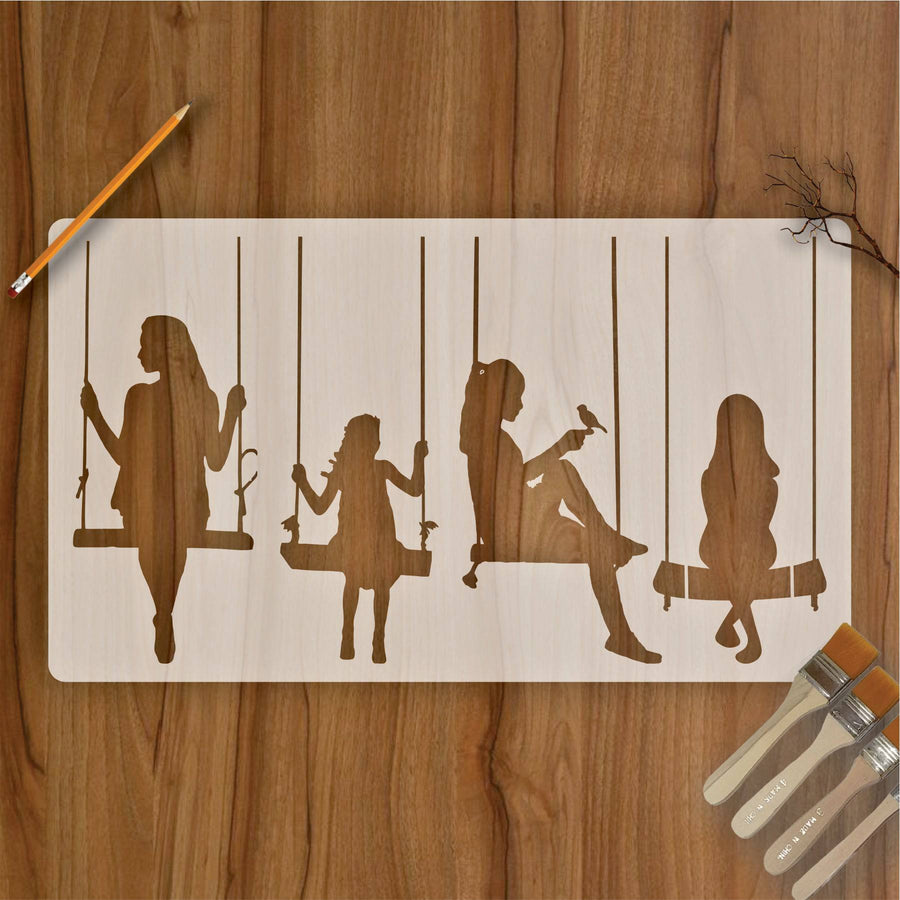 Tree Swing Girls Reusable Stencil For Canvas And Wall Painting. ID #309 - imartdecor.com