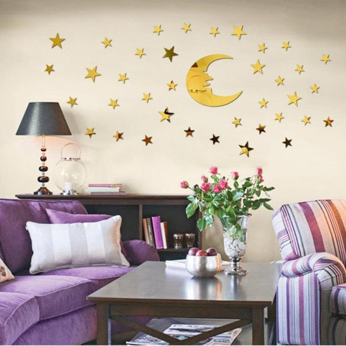 25Pcs Pieces 3D DIY Mirror self adhesive Moon & Stars Wall Sticker Durable DIY Simple Decal for Living Room Art Home Decor - imartdecor.com