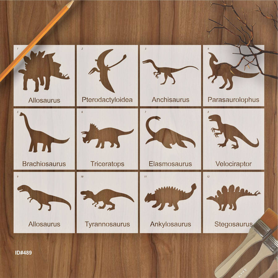 Pack of 12 Dinosaur Stencils For Canvas And Wall Painting Scrapbook Coloring Embossing Album Decorative Template.ID #489 - imartdecor.com