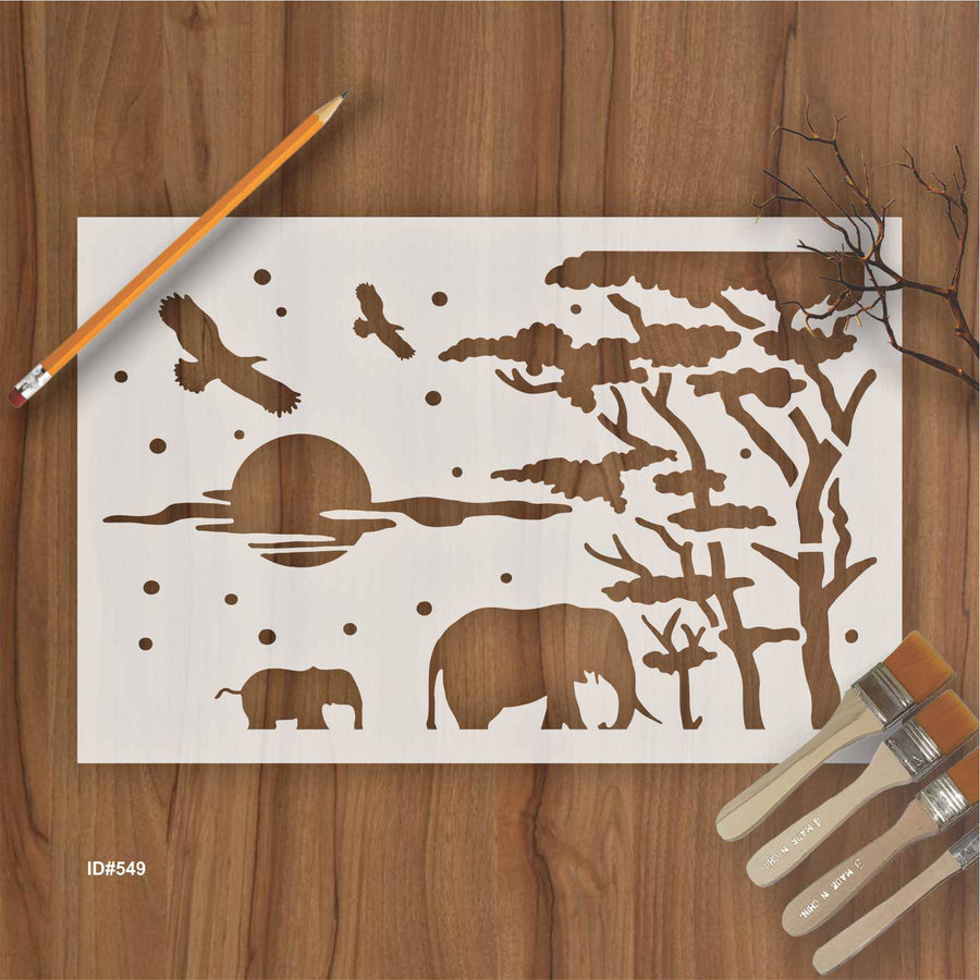 Elephant and Tree Reusable Stencil For Canvas And Wall Painting. ID #349 - imartdecor.com