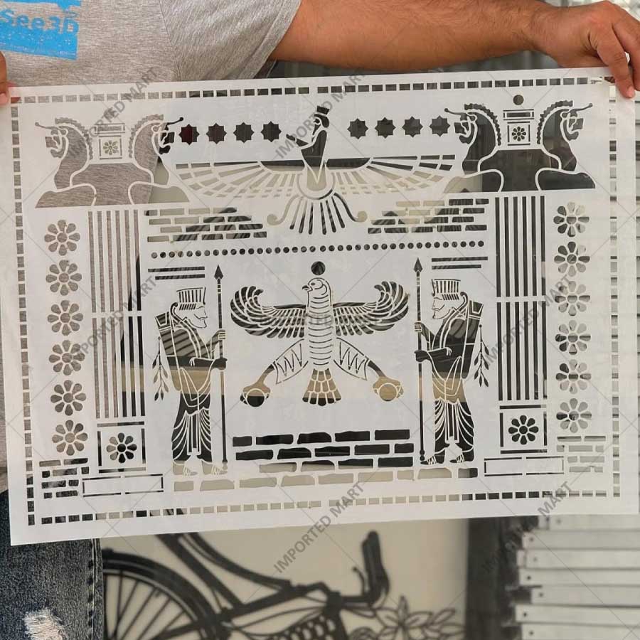 Ancient Persian Frieze Stencil for Wall, Furniture & Floor Décor – Royal Achaemenid Eagle & Guard Pattern – ID# 729 - imartdecor.com
