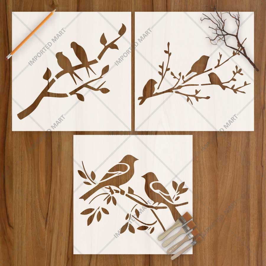Decorative Birds Branch Pack of 3 Stencil for Wall, Wood, Furniture & Fabric Art – Nature Bird Design Bundle – ID# 771 - imartdecor.com
