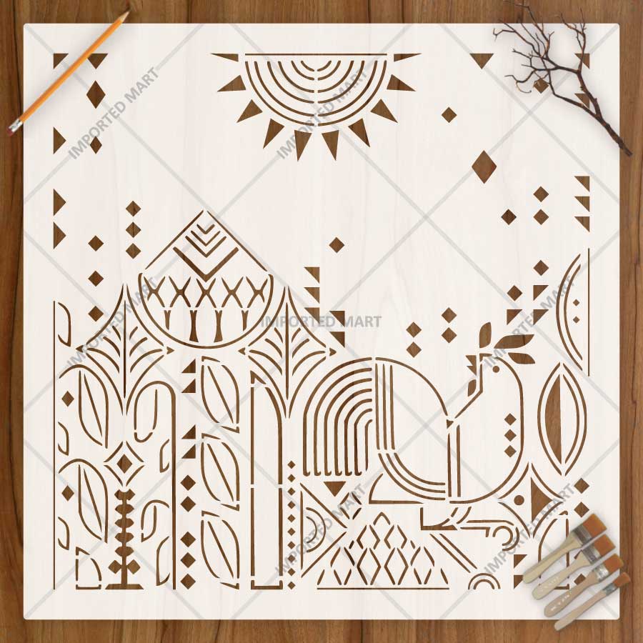Traditional Folk Art Rooster Stencil for Wall, Furniture & Floor Painting – Rustic Village Pattern Design – ID# 845 - imartdecor.com
