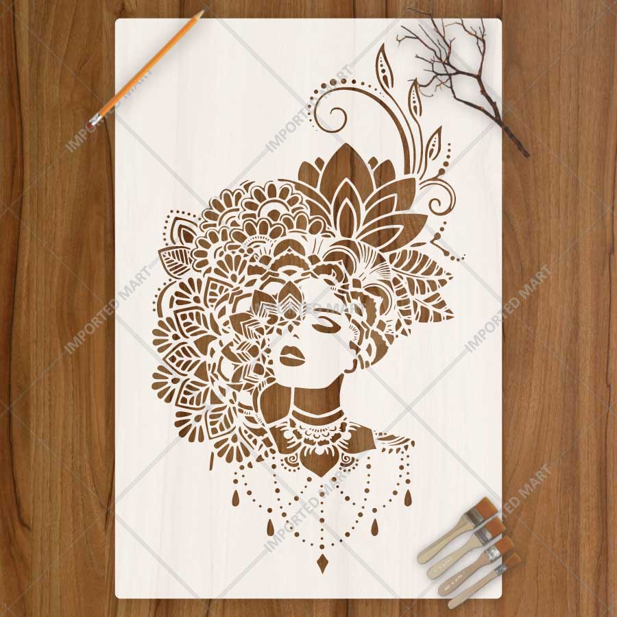 Ornate Bloom Lady Stencil for Wall, Wood, Furniture & Fabric Art – Elegant Floral Woman Portrait Design – ID# 864 - imartdecor.com