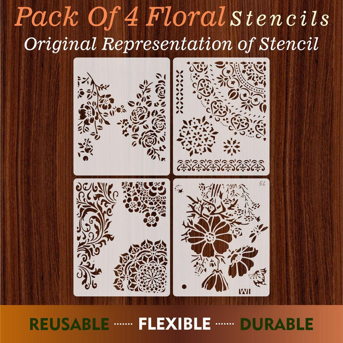 Pack of 4 Floral Reusable Stencil for Canvas and wall painting - imartdecor.com