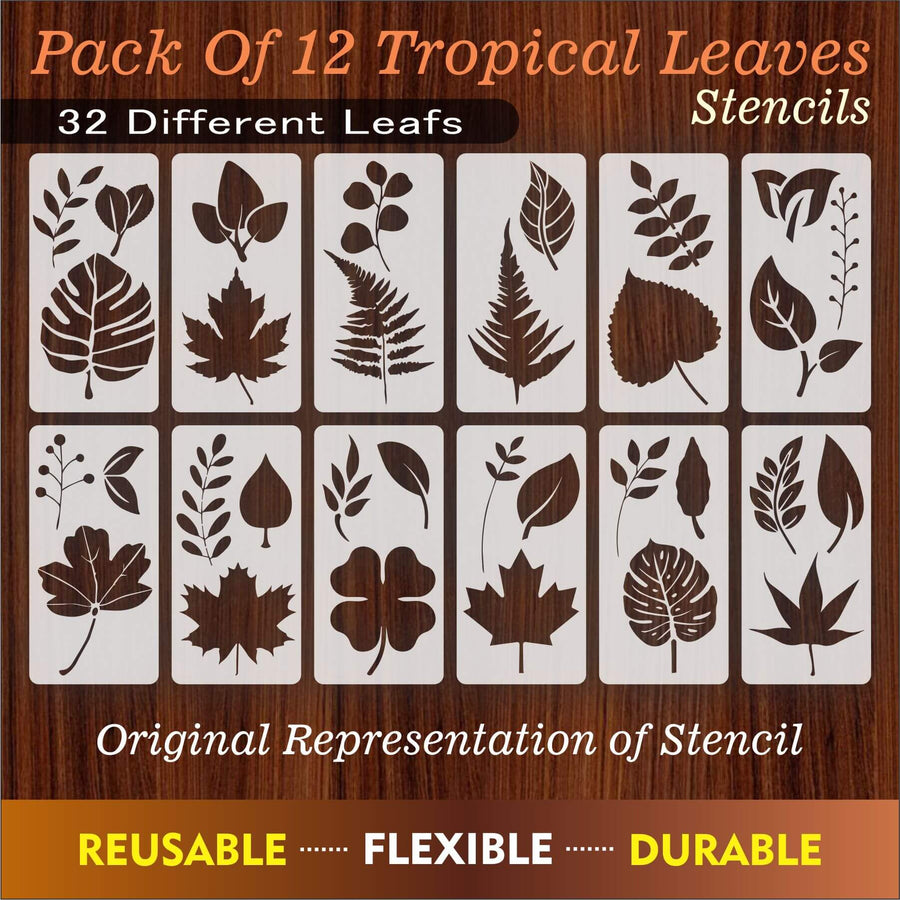 Pack Of 12 Tropical Leaves Reusable Stencil For Canvas And Wall Painting.ID#470 - imartdecor.com